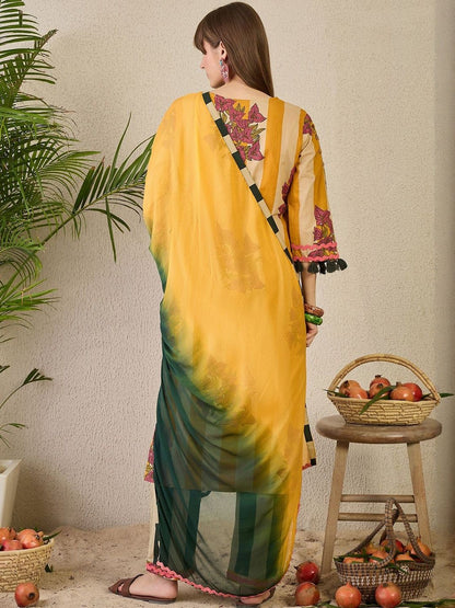 Floral Printed Pure Cotton Kurta with Trousers & With Dupatta