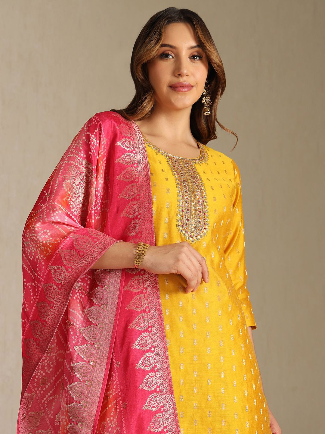 Dhiyona SO Women's Floral Woven Design Zardozi Kurta With Trousers & Dupatta