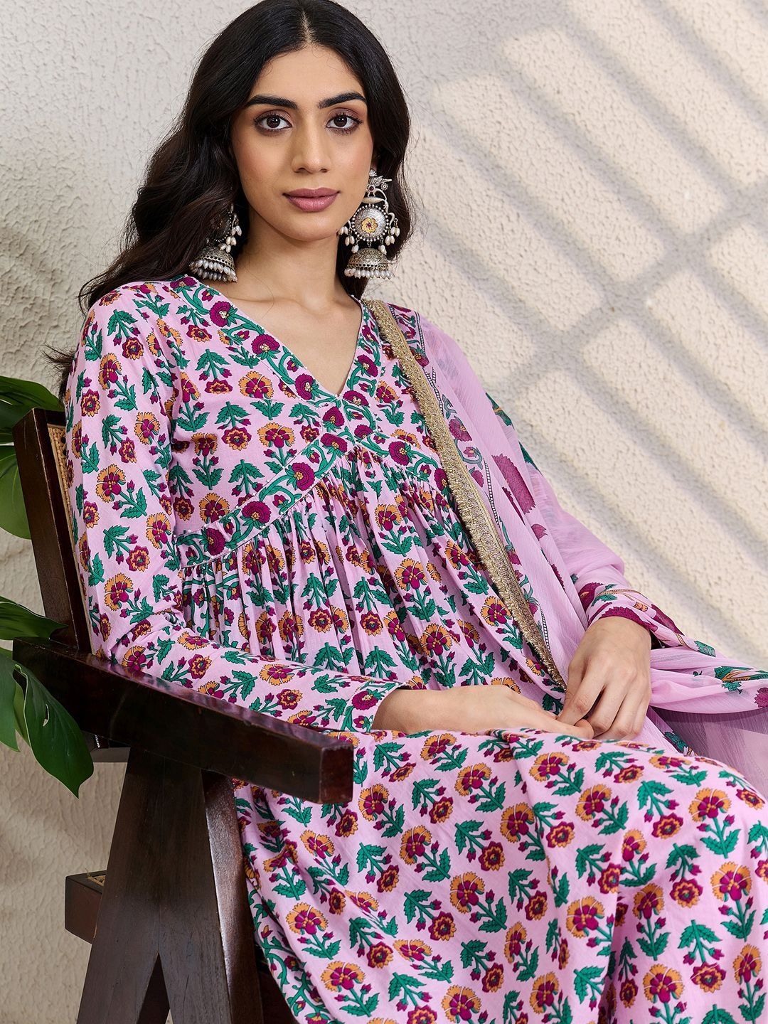 Women Floral Printed Empire Pure Cotton Kurta with Trousers & With Dupatta