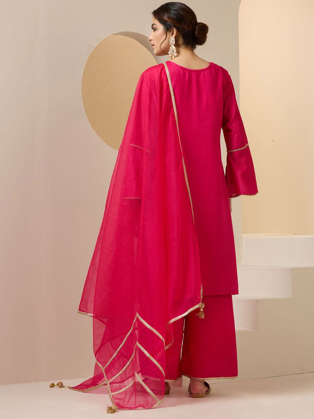 Dhiyona IS Women's Floral Embroidered Yoke Design Notch Neck Kurta With Palazzos And Dupatta