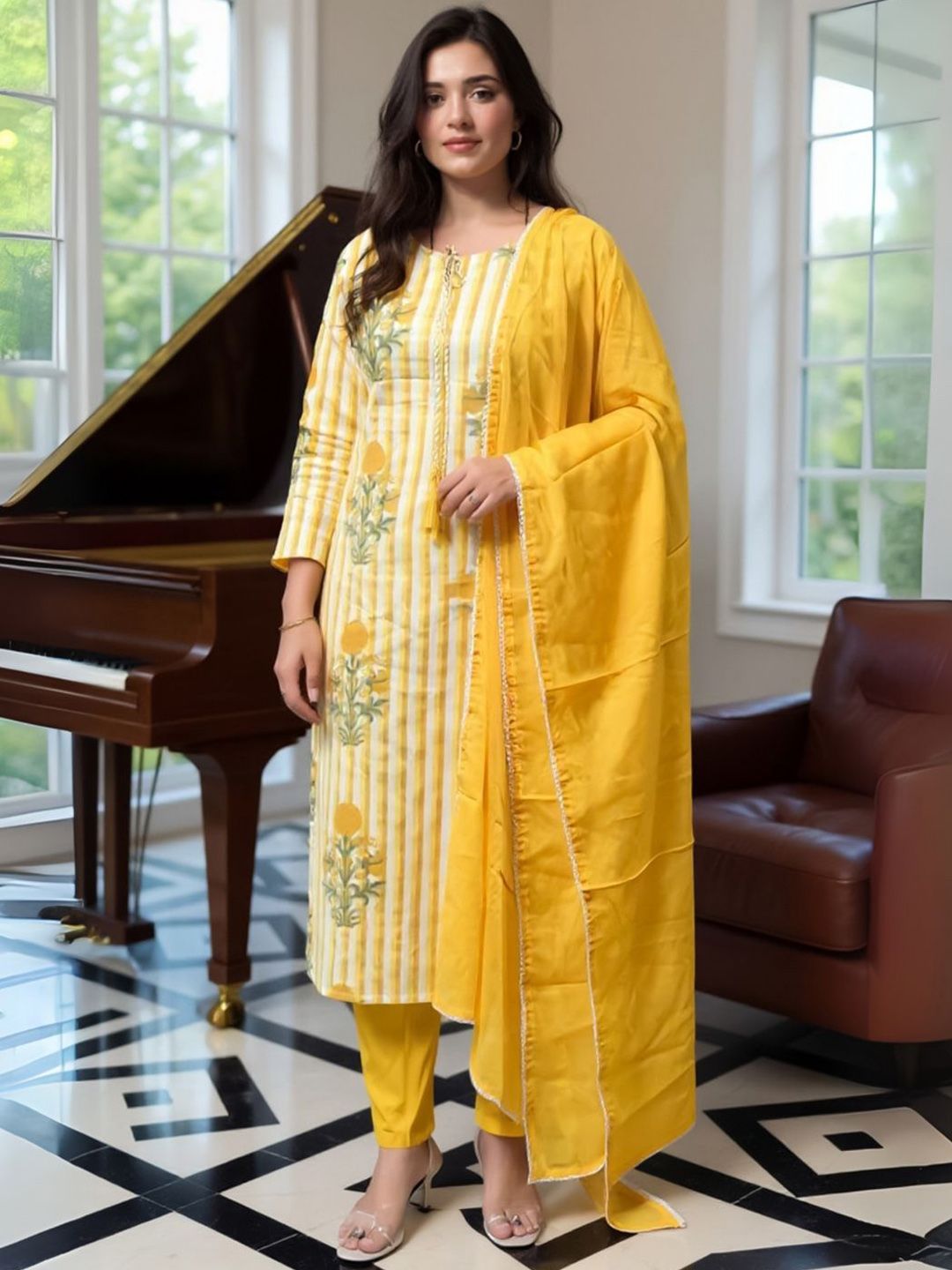 Women Floral Printed Pure Cotton Kurta with Trousers & Dupatta