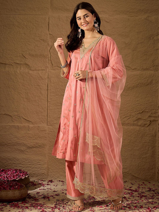 Dhiyona PD Women Floral Embroidered Sequined V Neck A-Line Kurta with Trouser & Dupatta