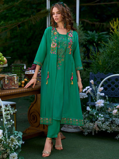 Dhiyona IE Women Floral Embroidered Regular Beads and Stones Kurta with Trousers