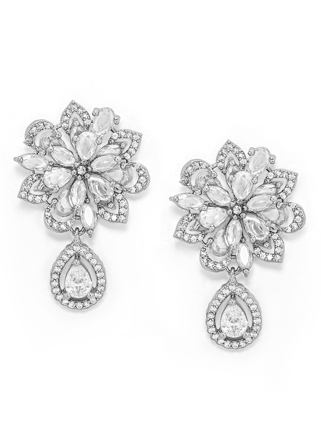 Dhiyona RJ Women's Rhodium-Plated Floral Cubic Zirconia Studded Dangle Earrings