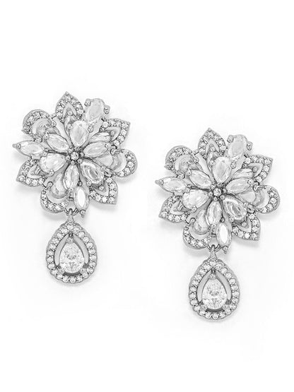 Dhiyona RJ Women's Rhodium-Plated Floral Cubic Zirconia Studded Dangle Earrings