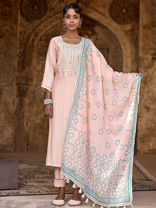 Dhiyona WP Geometric Printed Round Neck Thread Work Kurta With Trousers & Dupatta