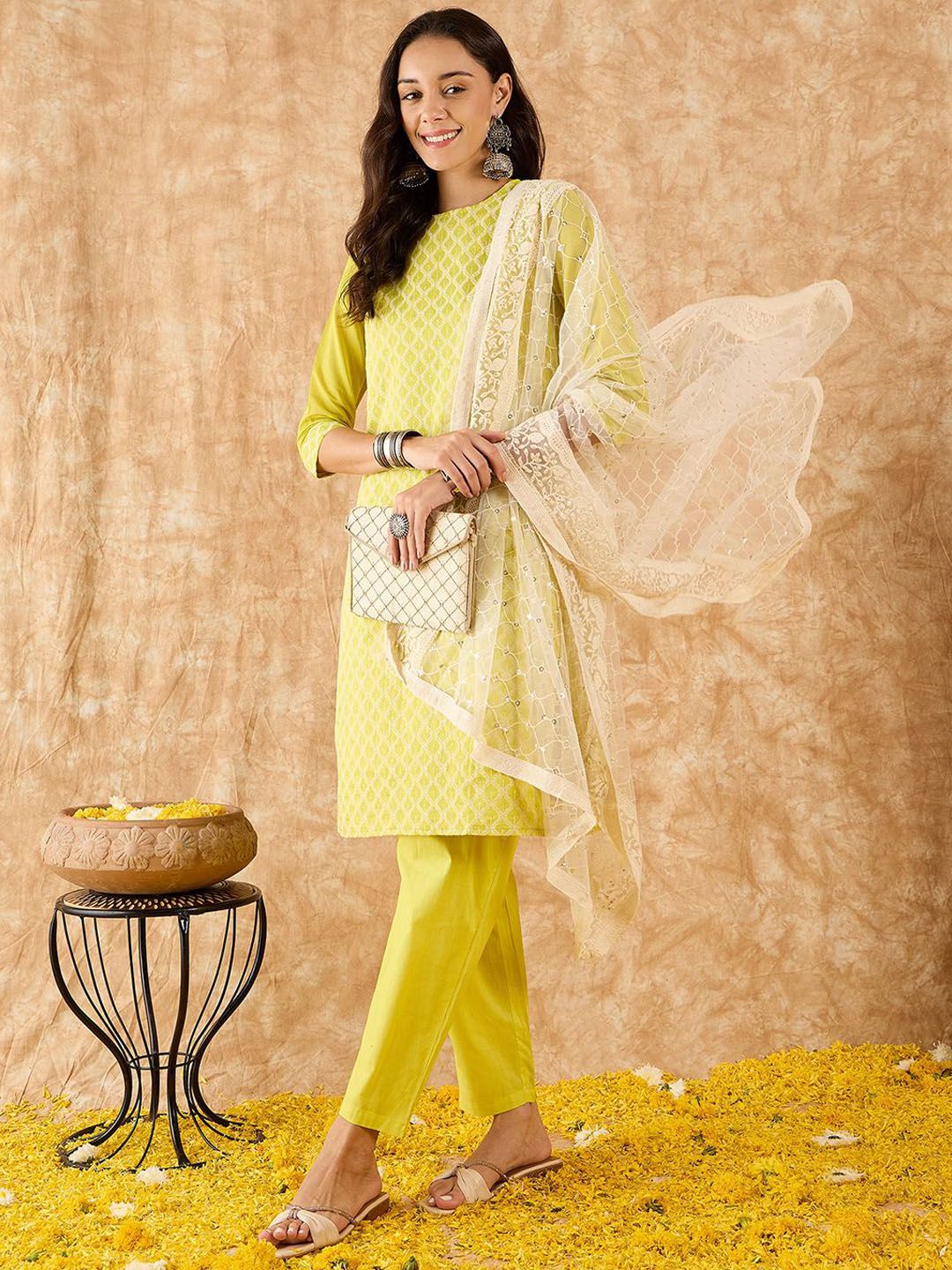 Embroidered Straight Sequinned Chanderi Cotton Kurta with Trousers & Dupatta