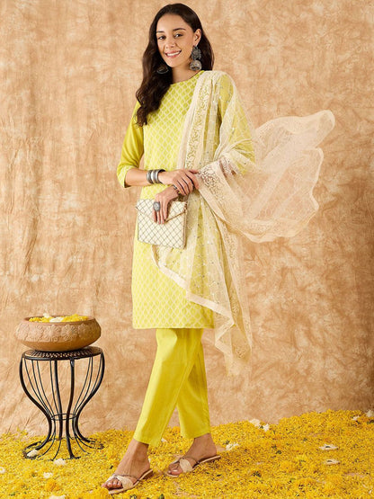 Embroidered Straight Sequinned Chanderi Cotton Kurta with Trousers & Dupatta