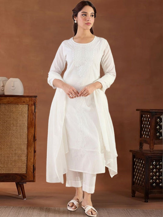 Women Ethnic Motifs Embroidered Regular Thread Work Pure Cotton Kurta with Trousers & With Dupatta