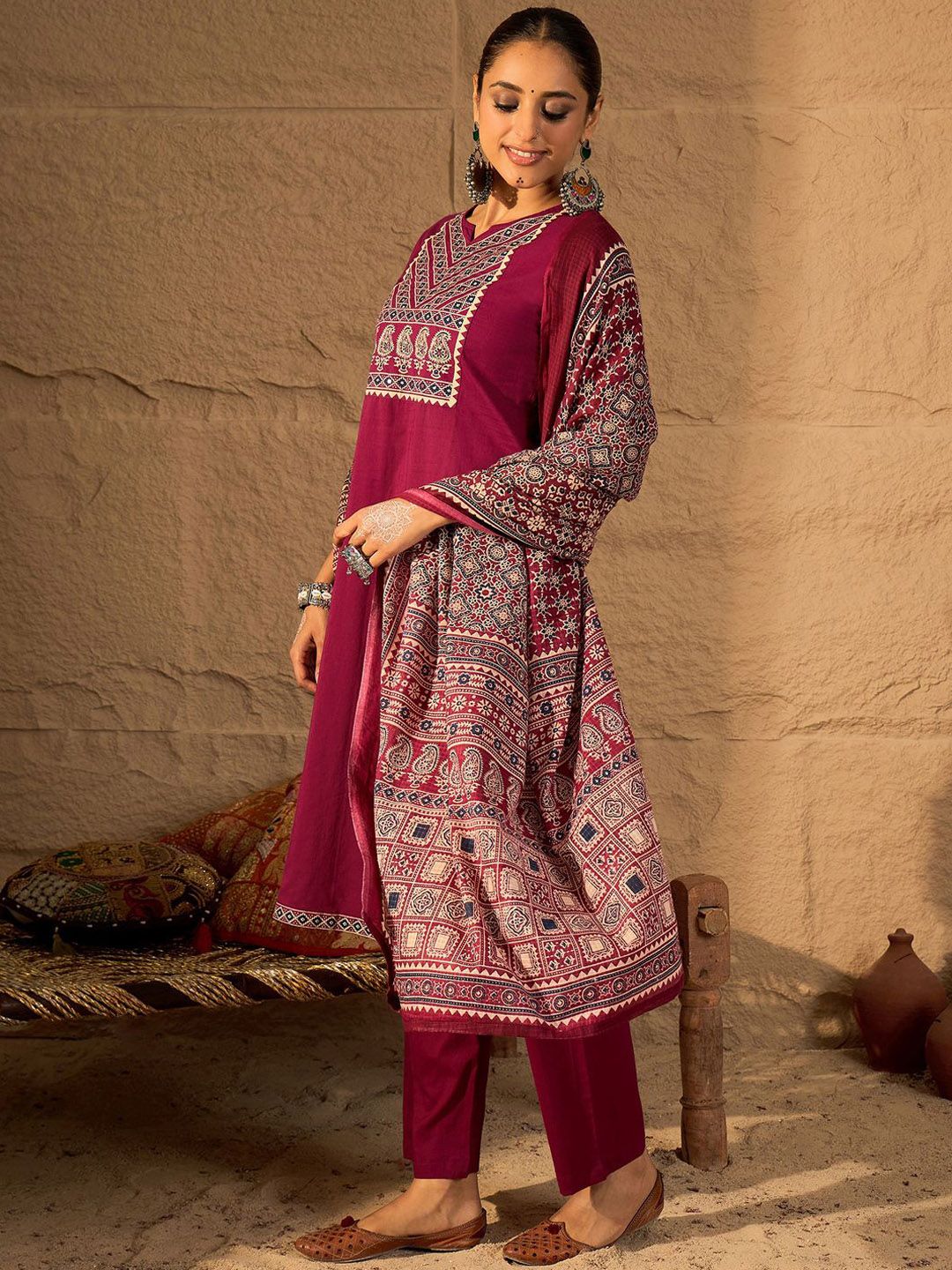 Yoke Design Printed Notch-Neck Cotton Straight Kurta With Trousers And Dupatta