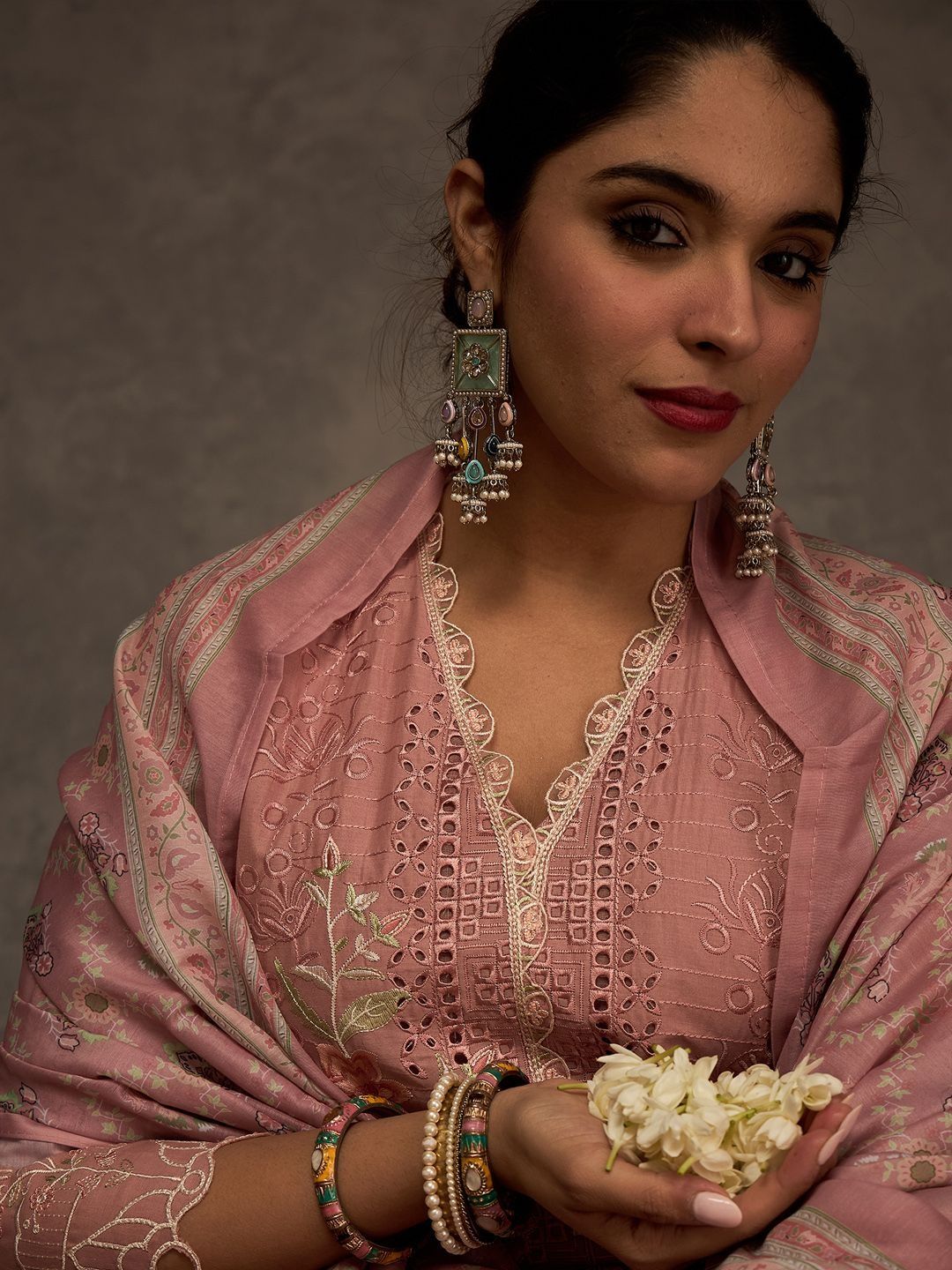 Dhiyona IE Women Ethnic Motifs Embroidered Cotton Kurta with Trousers & Dupatta