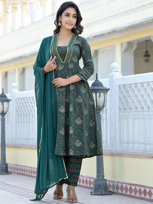 Dhiyona VA Women's Ethnic Motifs Printed Gotta Patti Cotton Kurta with Trousers & Dupatta