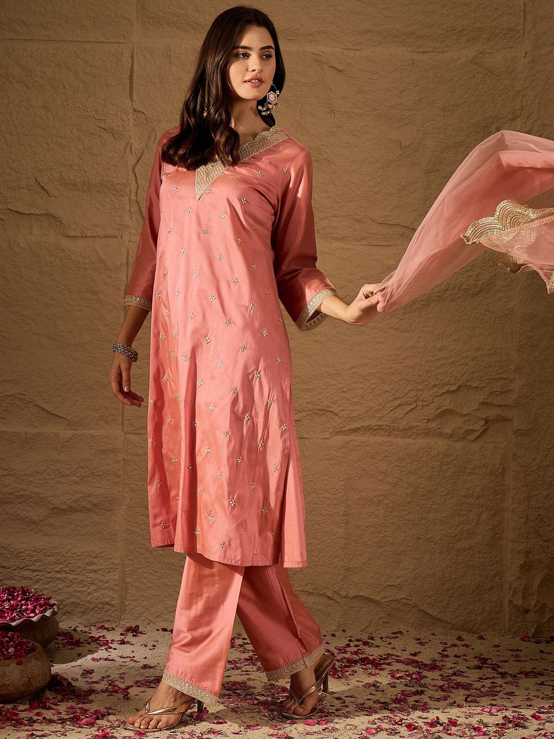 Dhiyona PD Women Floral Embroidered Sequined V Neck A-Line Kurta with Trouser & Dupatta