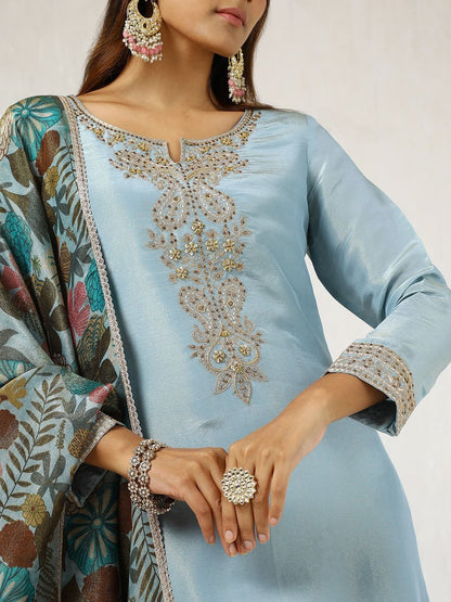 Dhiyona SO Women's Blue Paisley Embroidered Regular Beads Work Tissue Straight Kurta & Palazzo & Dupatta