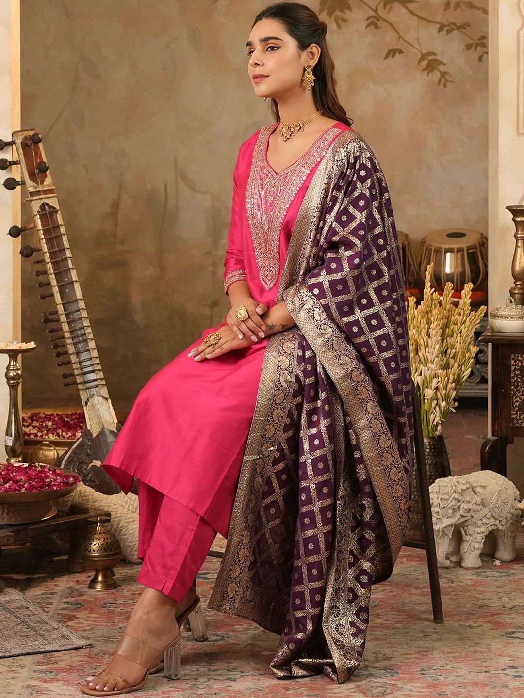 Women Ethnic Motifs Embroidered Regular Kurta with Trousers & Dupatta