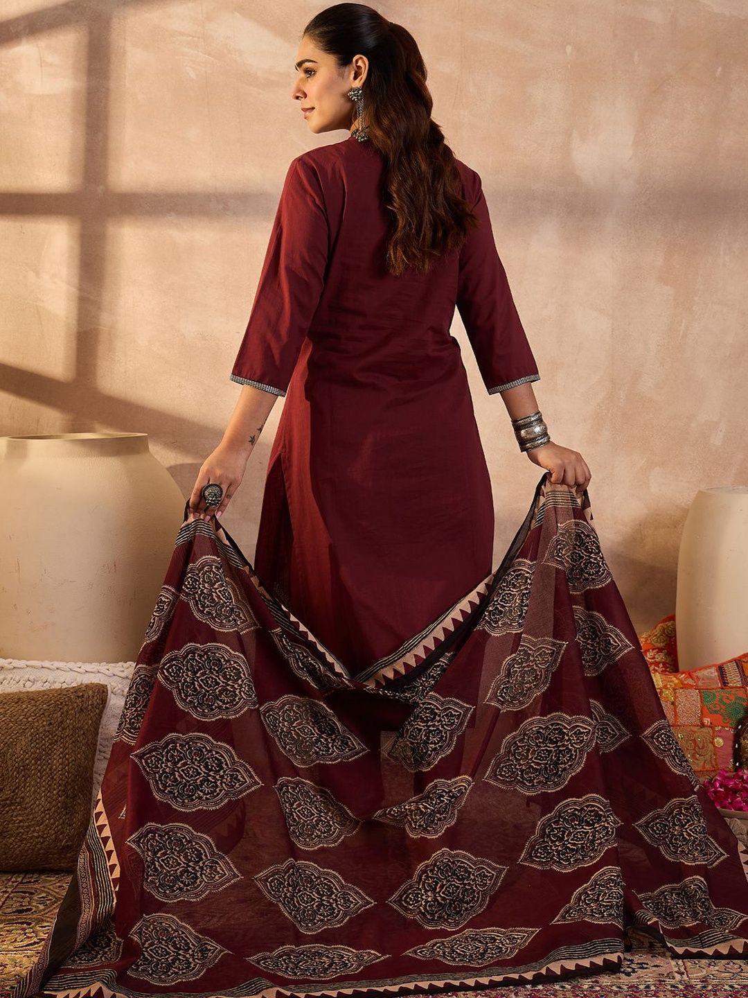 Ethnic Motifs Embroidered Thread Work Pure Cotton Kurta With Trousers & Dupatta