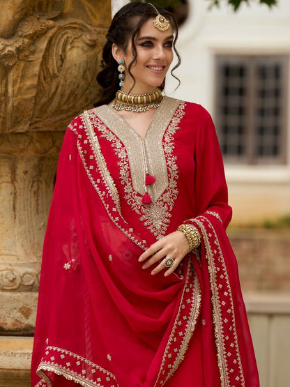 Ethnic Motifs Embroidered V-Neck Mirror Work Kurta With Trousers & Dupatta