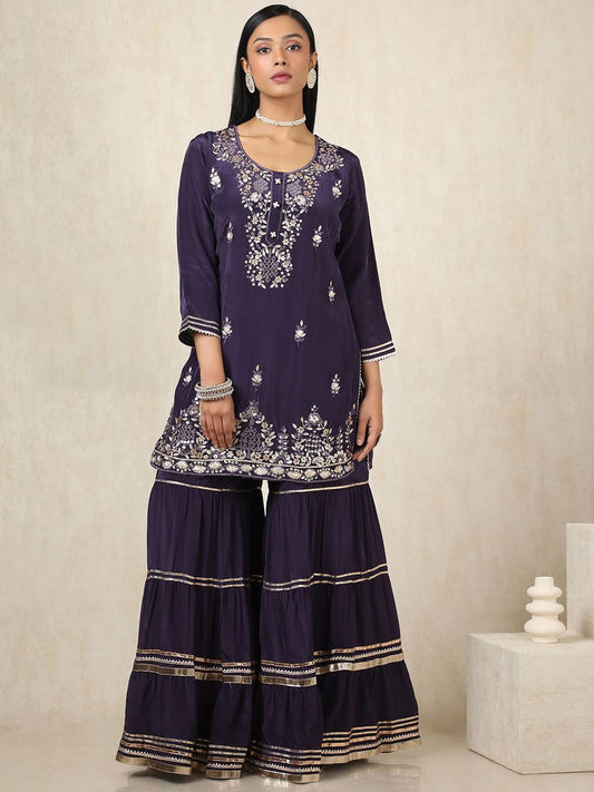 Dhiyona SO Women's Floral Embroidered Mirror Work Round Neck Straight Kurta With Sharara & Dupatta