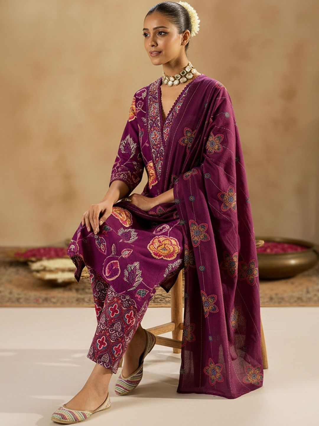 Dhiyona IE Floral Printed Regular Pure Cotton Straight Kurta with Trousers & With Dupatta