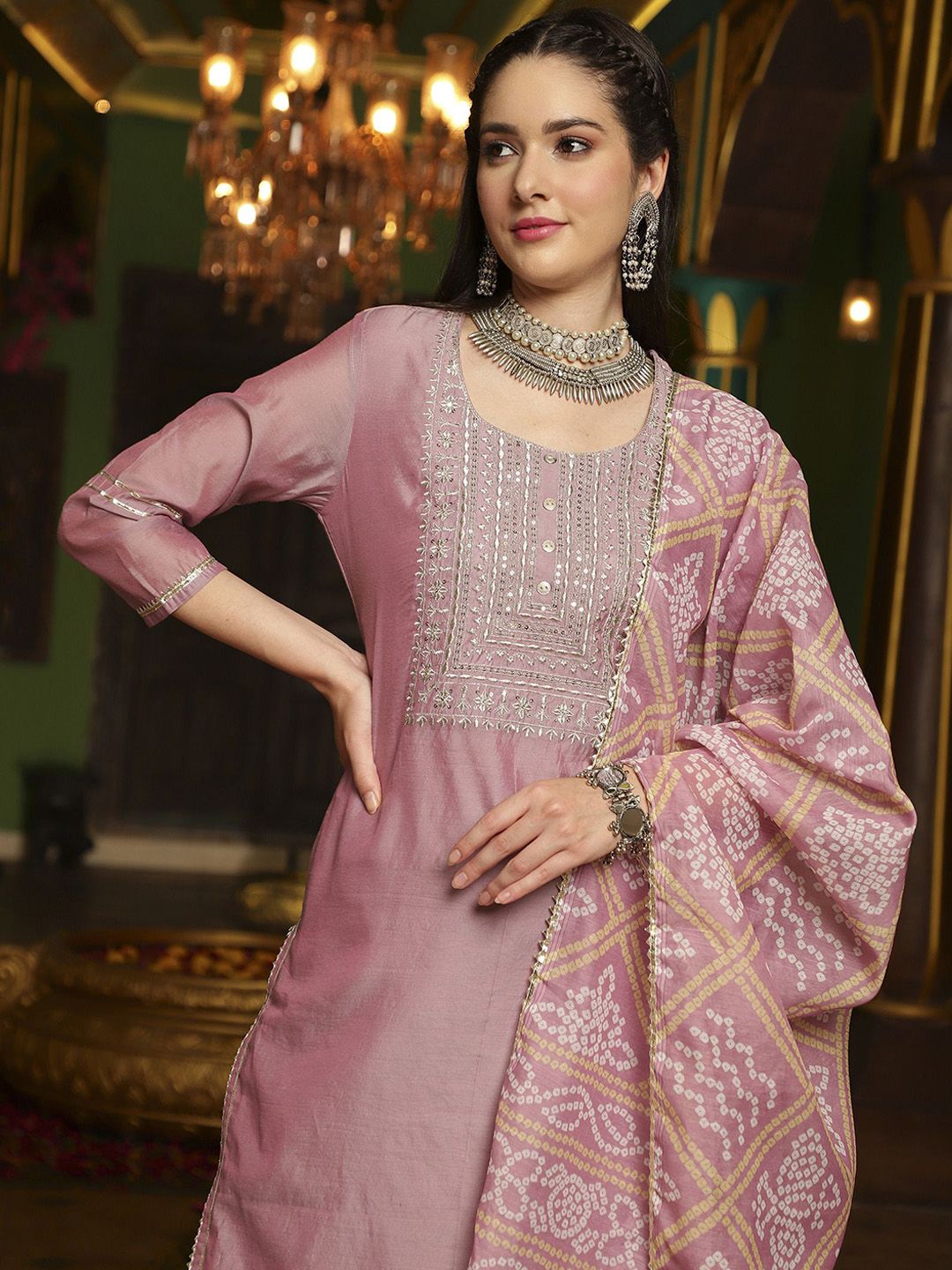Dhiyona SN Women's Mauve Floral Embroidered Round Neck Straight Kurta With Trouser & Dupatta