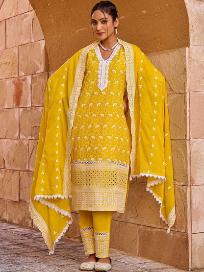 Women Ethnic Motifs Embroidered Regular Thread Work Pure Cotton Kurta with Trousers & With Dupatta