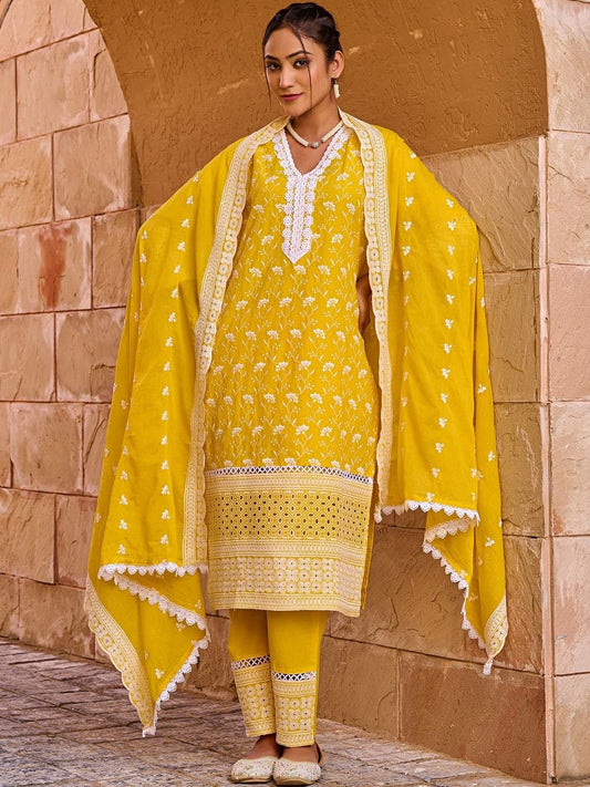 Women Ethnic Motifs Embroidered Regular Thread Work Pure Cotton Kurta with Trousers & With Dupatta