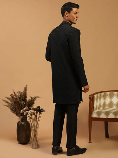 Men's Black Silk Blend Regular Sherwani Set