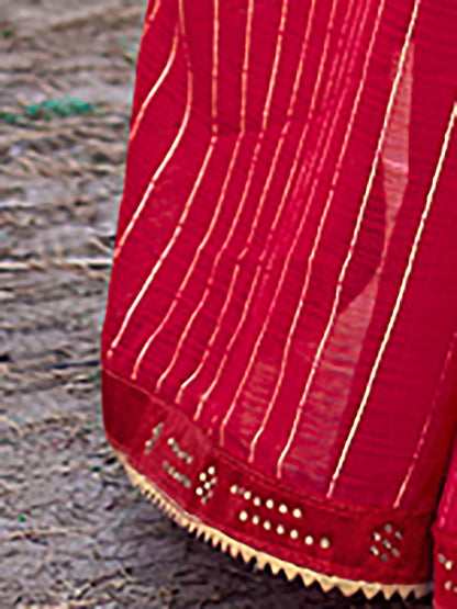 Women's Georgette Red Embellished Celebrity Saree With Blouse Piece