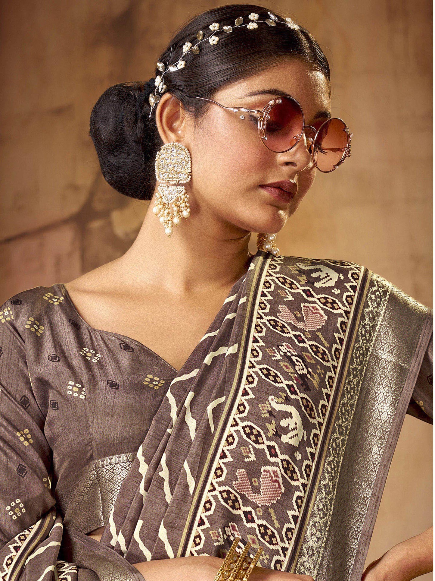 Women's Dola Silk Brown Printed Designer Saree With Blouse Piece