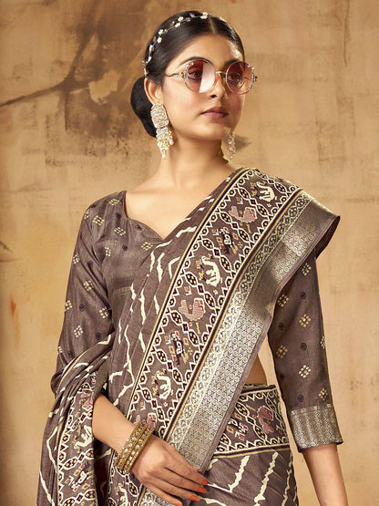 Women's Dola Silk Brown Printed Designer Saree With Blouse Piece
