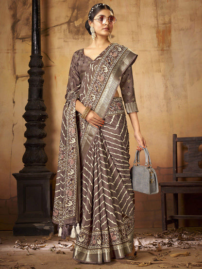 Women's Dola Silk Brown Printed Designer Saree With Blouse Piece