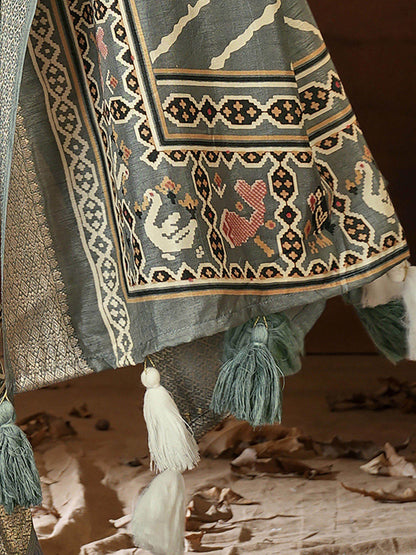 Women's Dola Silk Grey Printed Designer Saree With Blouse Piece