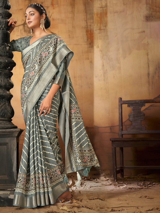 Women's Dola Silk Grey Printed Designer Saree With Blouse Piece