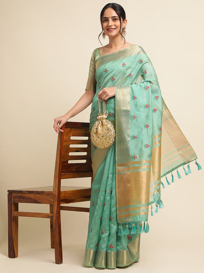 Dhiyona GR Women's Jasmin Turquoise Cotton Silk Saree