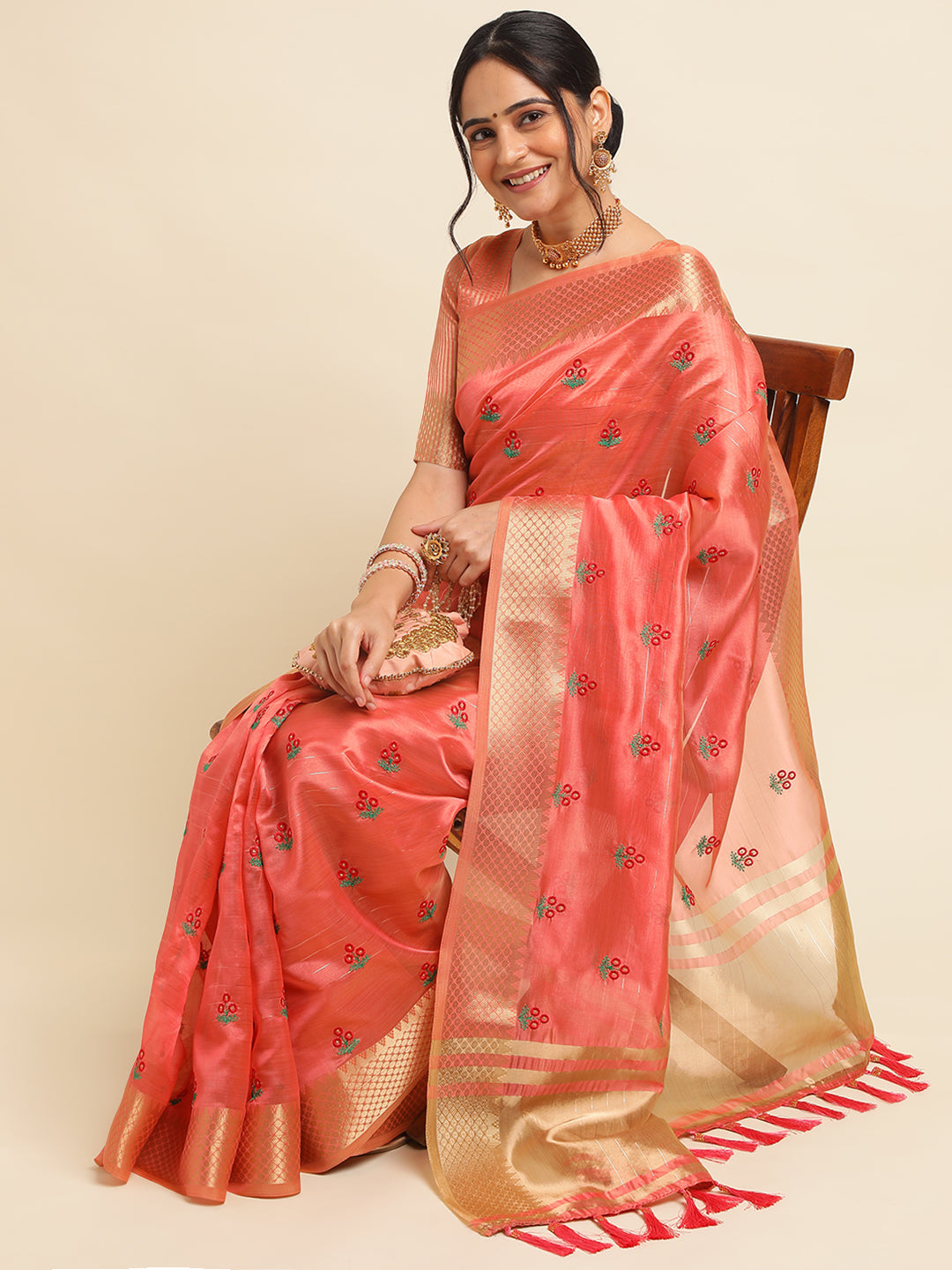 Dhiyona GR Women's Jasmin Red Cotton Silk Saree
