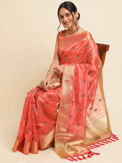 Dhiyona GR Women's Jasmin Red Cotton Silk Saree