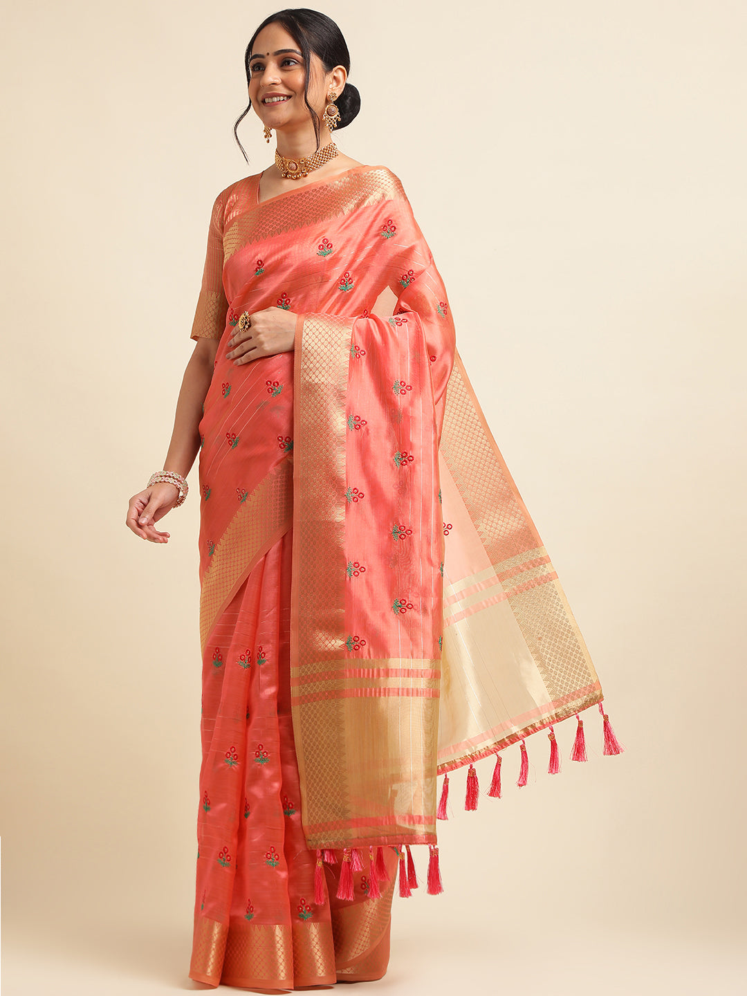 Dhiyona GR Women's Jasmin Red Cotton Silk Saree