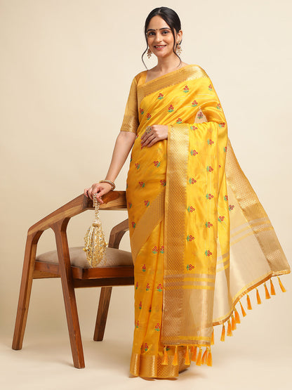Dhiyona GR Women's Jasmin Yellow Cotton Silk Saree