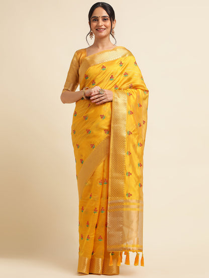 Dhiyona GR Women's Jasmin Yellow Cotton Silk Saree