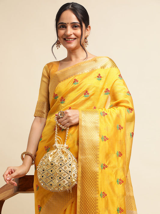 Dhiyona GR Women's Jasmin Yellow Cotton Silk Saree