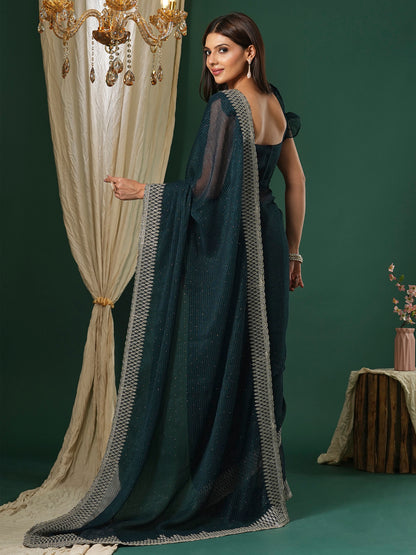 Women's Georgette Teal blue Embroidered Designer Saree With Blouse Piece