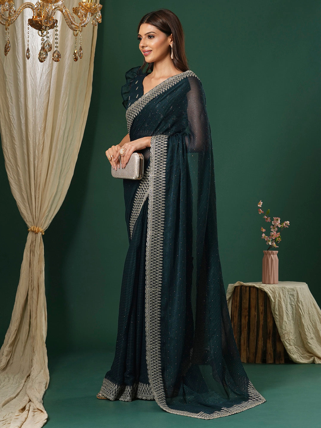 Women's Georgette Teal blue Embroidered Designer Saree With Blouse Piece