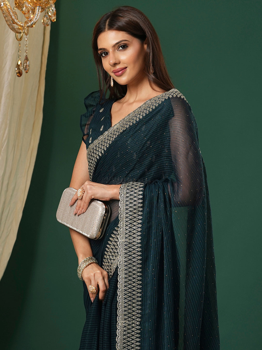 Women's Georgette Teal blue Embroidered Designer Saree With Blouse Piece