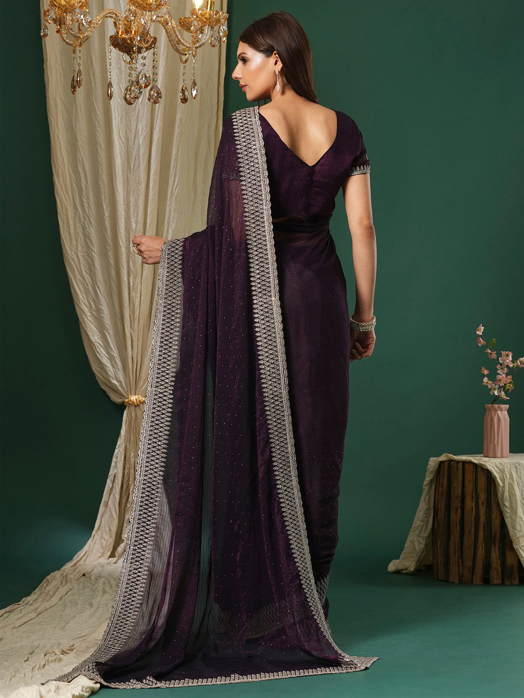 Women's Georgette Magenta Embroidered Designer Saree With Blouse Piece