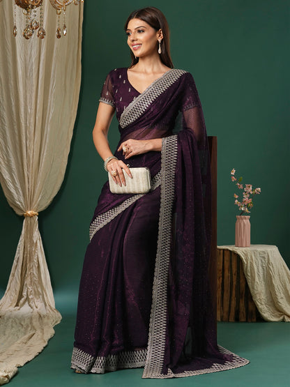 Women's Georgette Magenta Embroidered Designer Saree With Blouse Piece