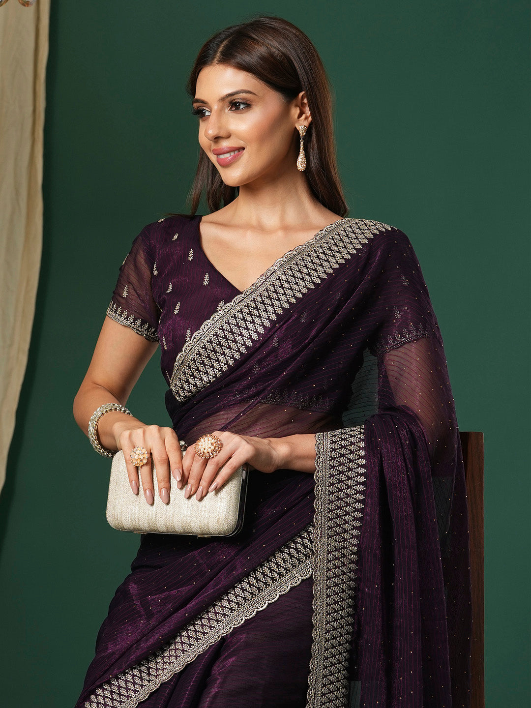 Women's Georgette Magenta Embroidered Designer Saree With Blouse Piece
