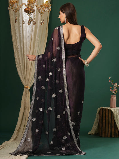 Women's Georgette Purple Embroidered Designer Saree With Blouse Piece