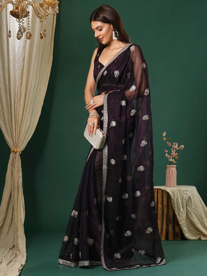 Women's Georgette Purple Embroidered Designer Saree With Blouse Piece