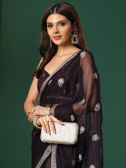 Women's Georgette Purple Embroidered Designer Saree With Blouse Piece