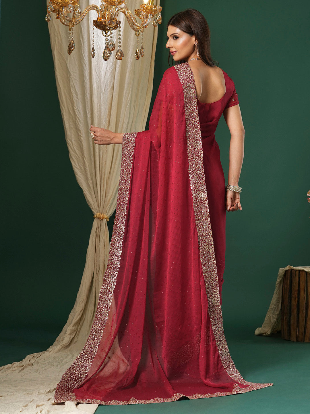 Women's Chiffon Red Embroidered Designer Saree With Blouse Piece